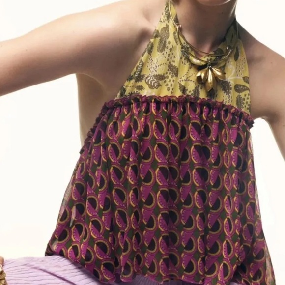 Zara Leaves and Geometric Shapes Halter Top Pink Yellow Green Orange Size Large - Picture 7 of 14